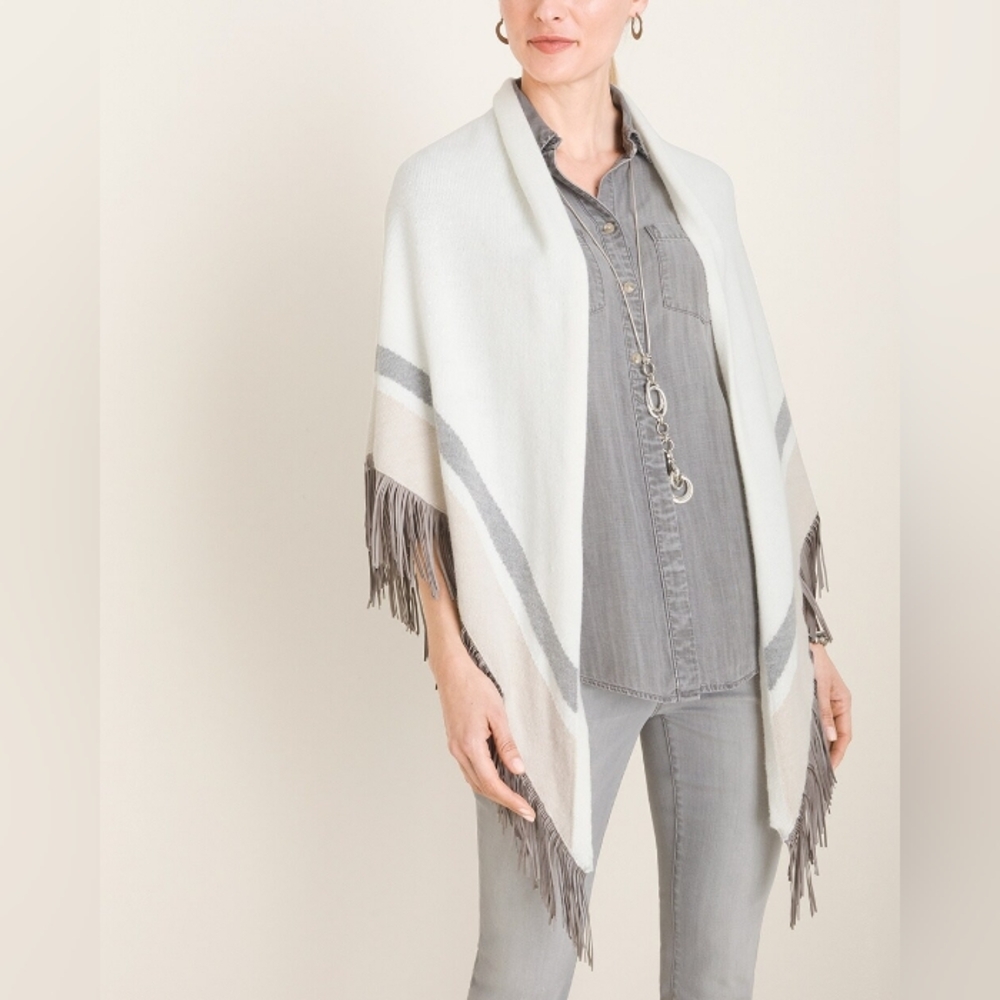Faux-Suede Striped Fringe Ruana Wrap